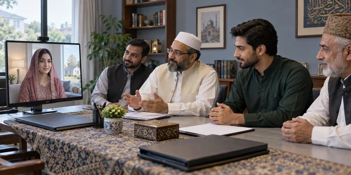 Online Nikah Pakistan to USA — Remote Marriage Arrangements Online Nikah between groom in Pakistan and bride in the USA participating remotely through video call